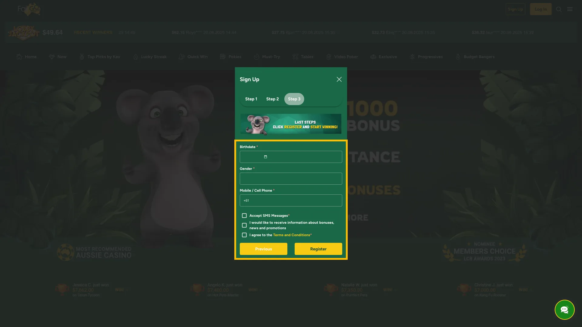 Enter birth date and accept rules to access Fair Go Casino.