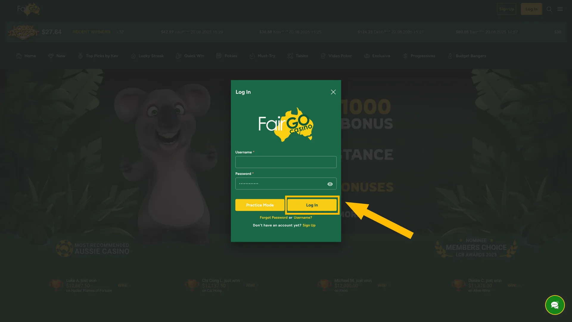 Fair Go Casino account opens after login confirmation.