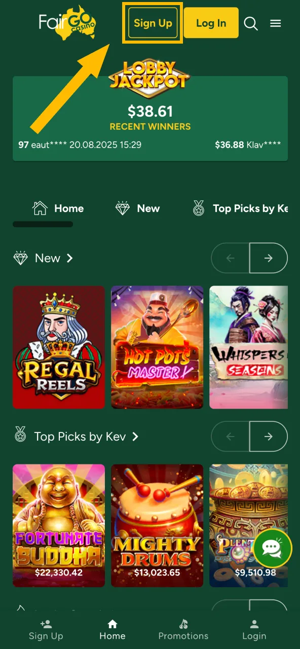 Use your phone to open Fair Go Casino and create an account.