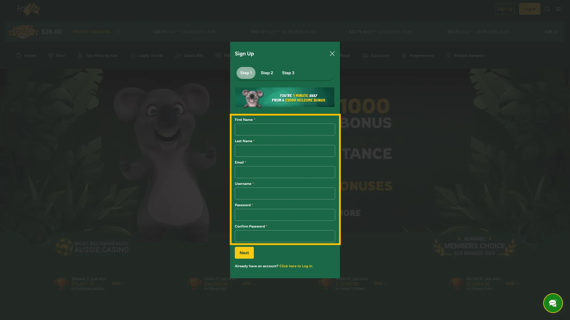 Fair Go Casino login requires name, email, and secure password.